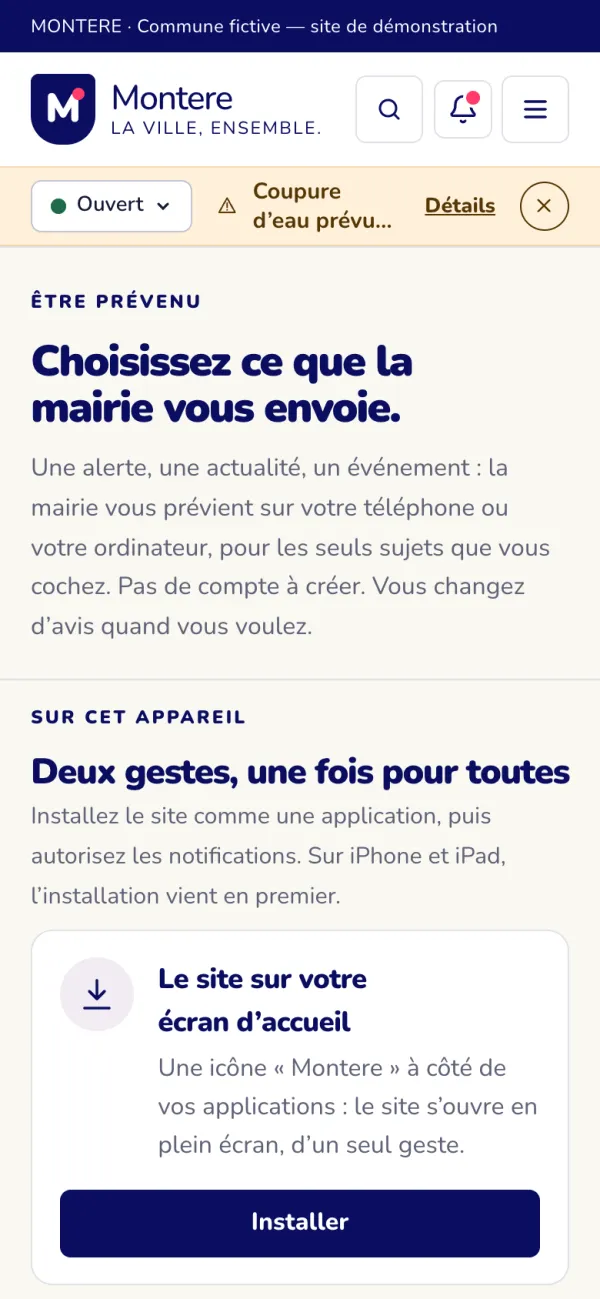Sur téléphone, l'habitant choisit les sujets dont la mairie le prévient.